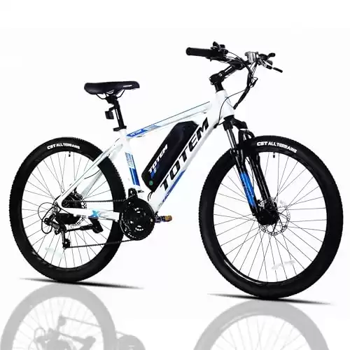 Totem 26" 350W Electric Mountain Bike, 20MPH with 36V 10.4Ah Battery and Shimano 21 Speed Gears, Adjustable Stem - White